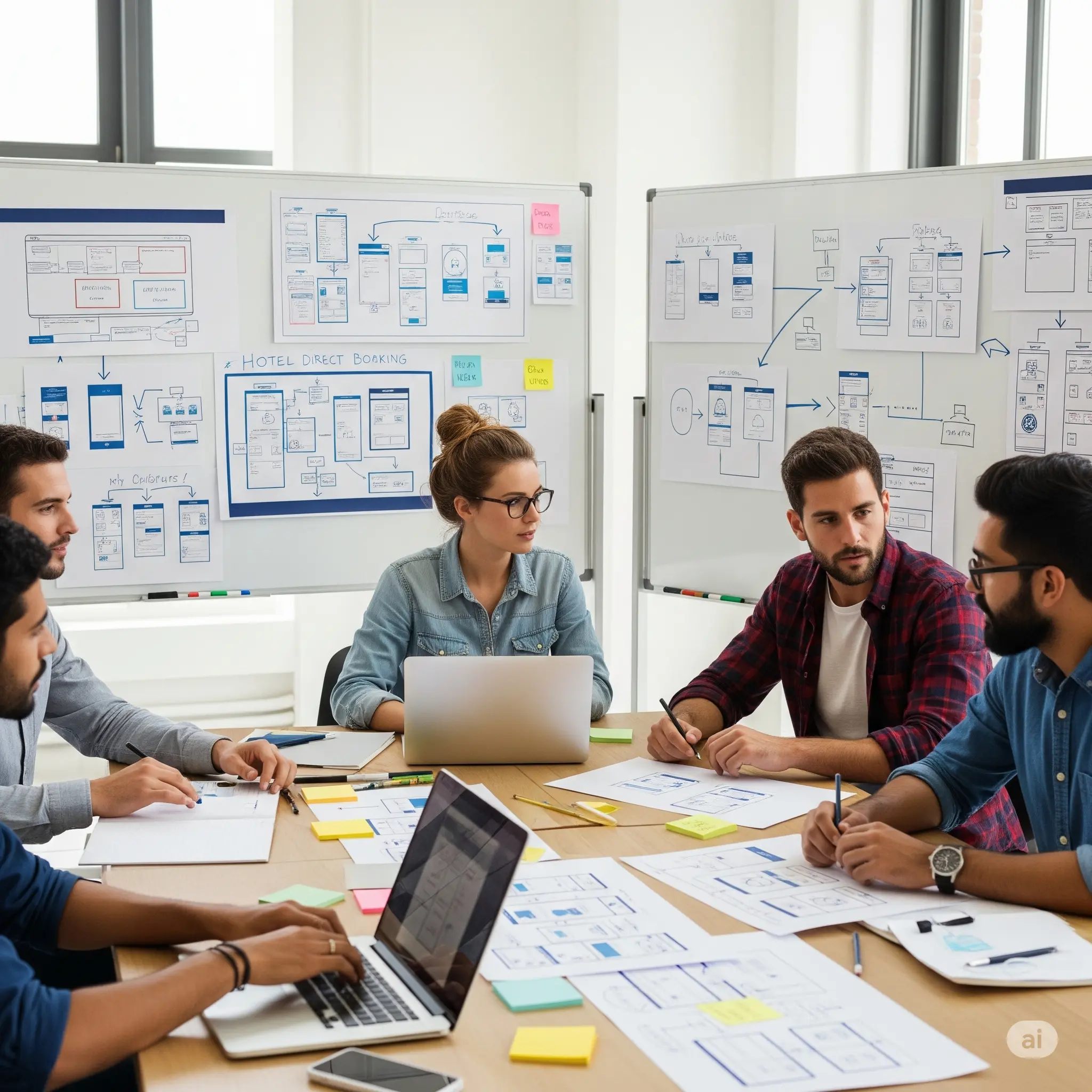 studio-ux-sito-web Persone attorno ad uno studio che applicano concetti UX sulla progettazione di un sito web per hotel
