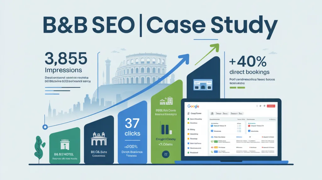 Infografica professionale con grafici crescita blu-verde, statistiche B&B Roma, skyline città, dati performance web