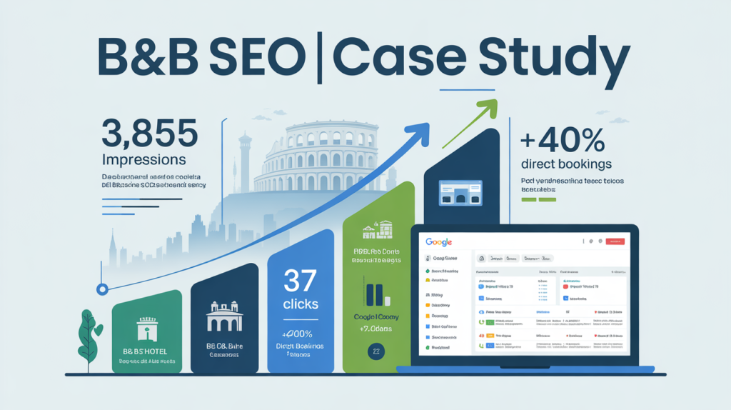 Infografica professionale con grafici crescita blu-verde, statistiche B&B Roma, skyline città, dati performance web