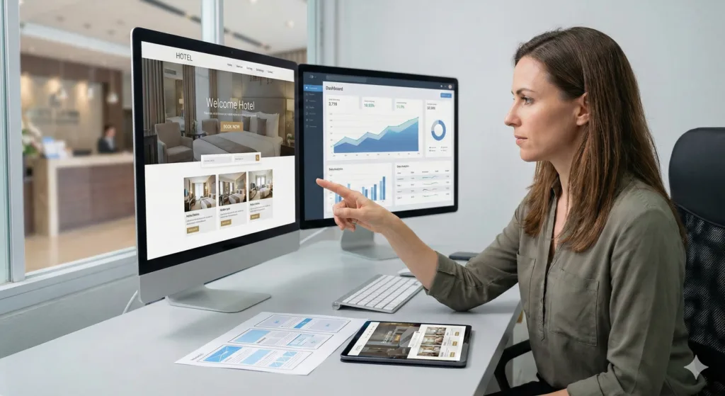 Donna che ottimizza un sito web di hotel su due monitor, con grafici e dati.