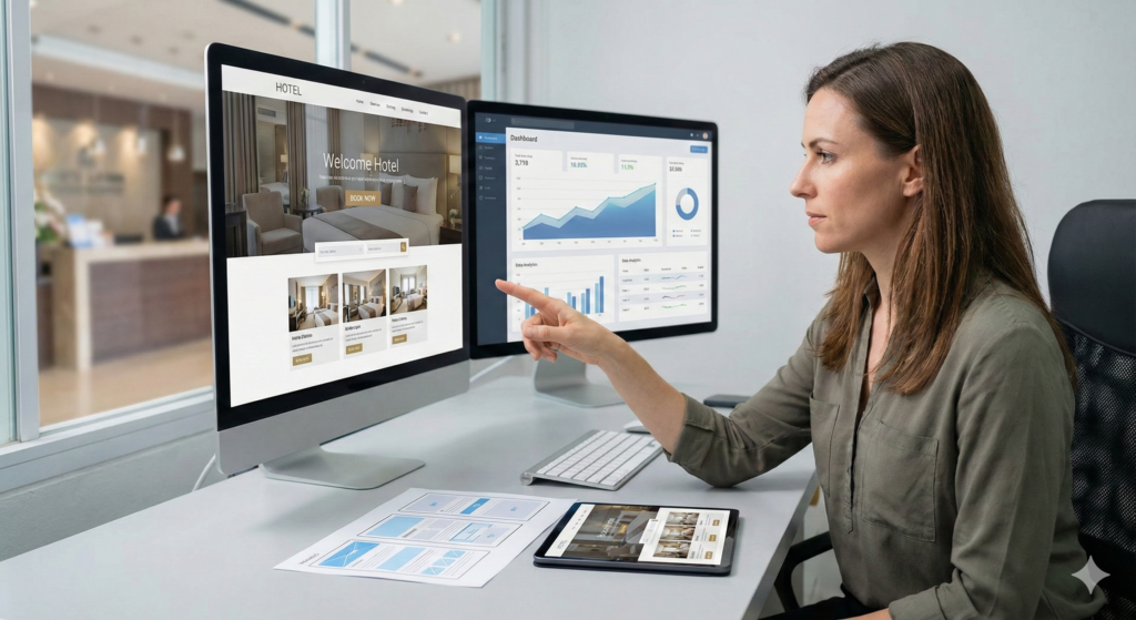 Donna che ottimizza un sito web di hotel su due monitor, con grafici e dati.