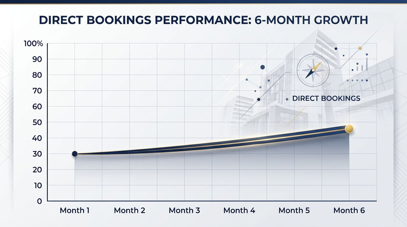 6-month direct booking growth timeline 30% to 45%